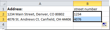 Если есть список адресов, с которых должны быть извлечены номера улиц, просто перетащите держатель заполнения до требуемого диапазона