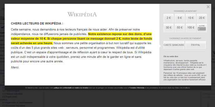 Если вы были в Википедии в последние дни, вы могли заметить это окно:   Приглашение на призыв к пожертвованиям в Википедии